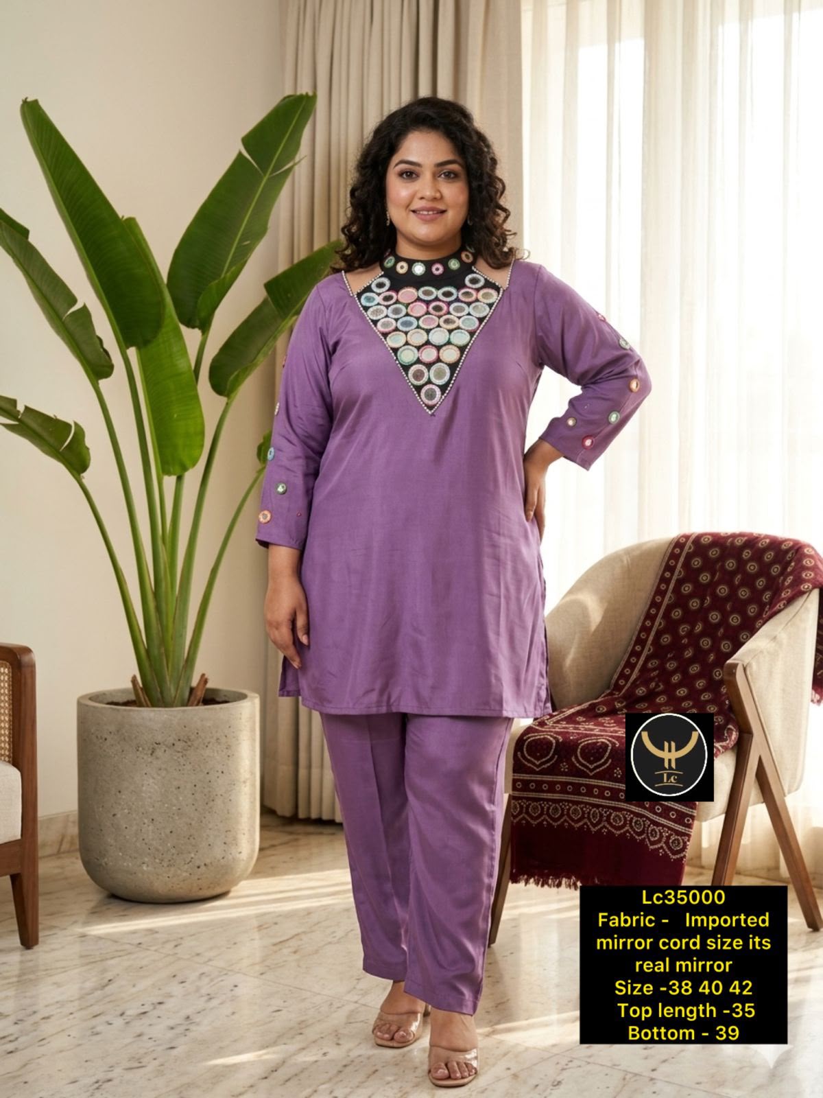 Traditional Cold-Shoulder Real Mirror Yoke Tunic & Trouser Pant Set