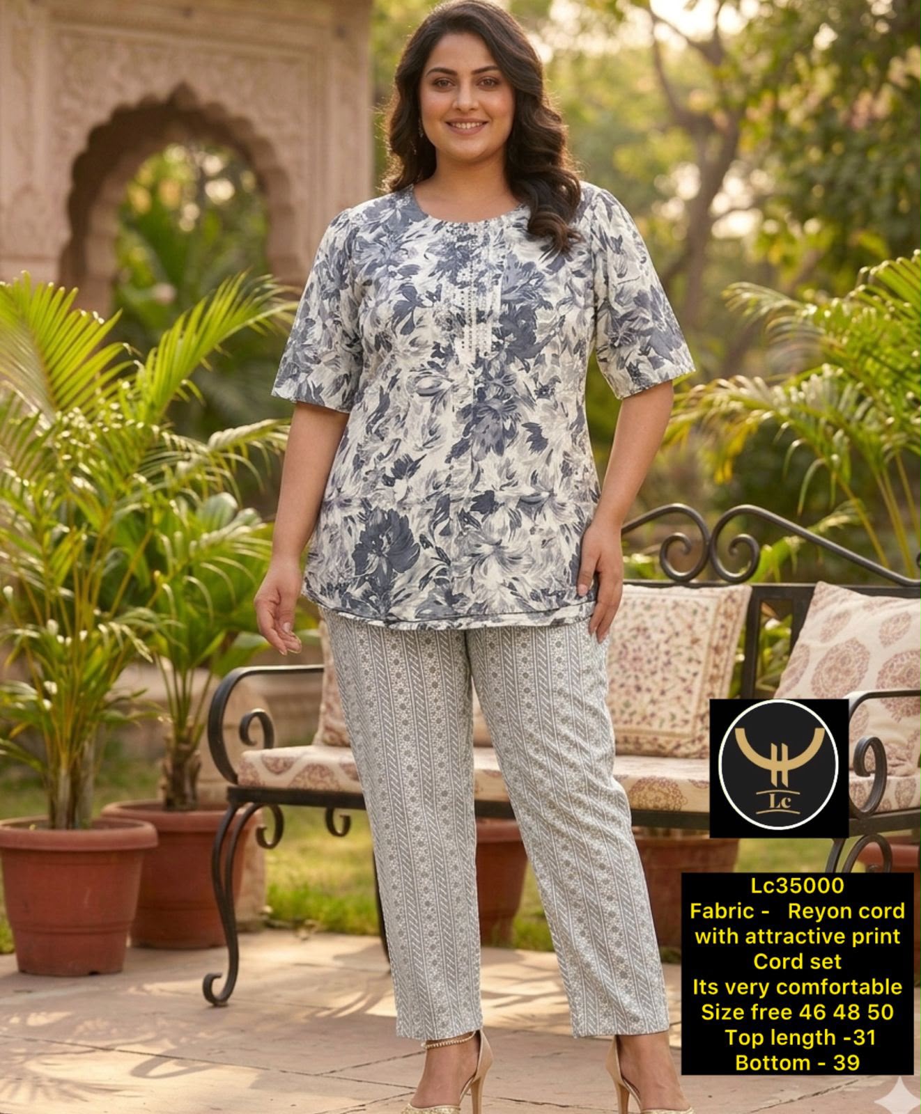 Breezy Comfort: Relaxed-Fit All-Over Printed Rayon Lounge Set for Plus Size