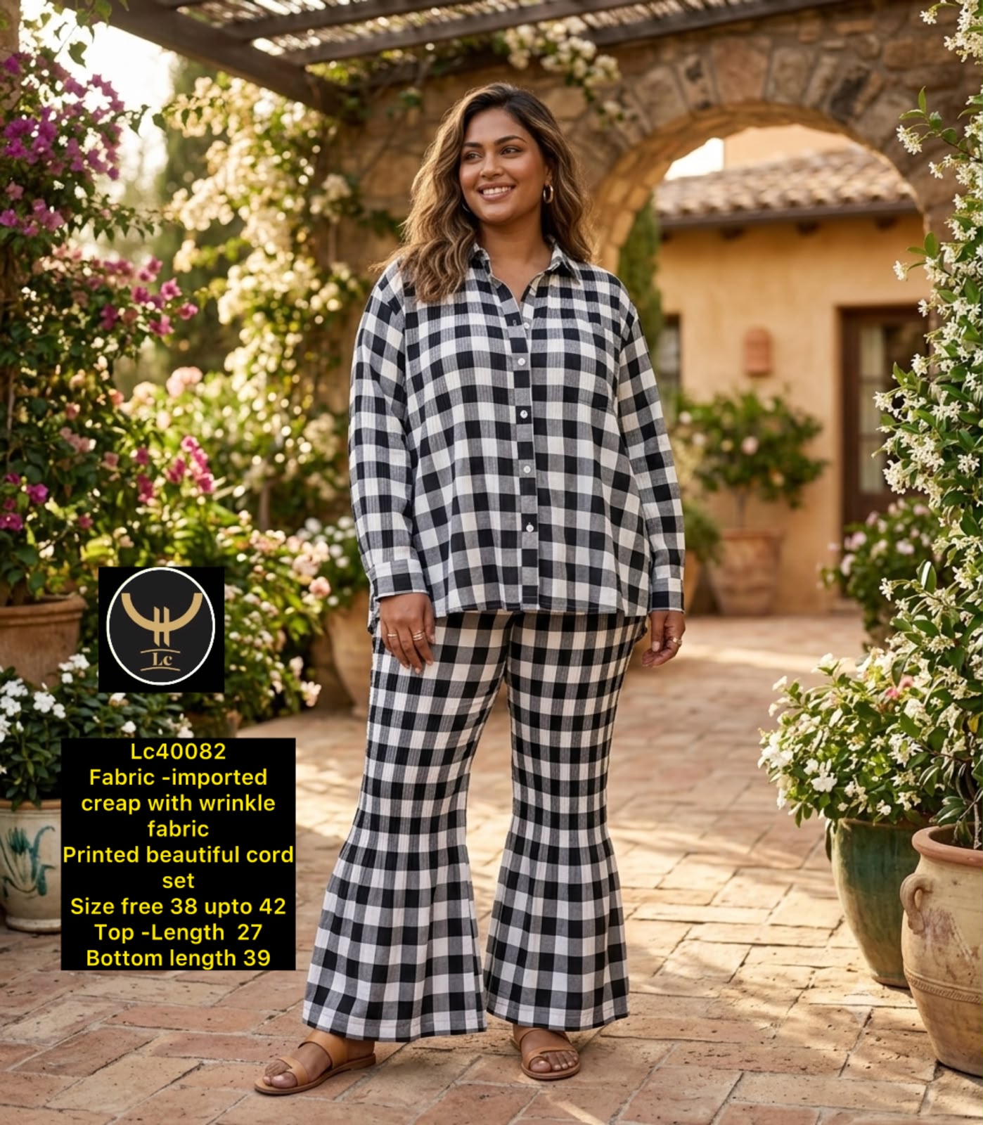 Gingham Check Collared Button-Down Shirt & Flared Trouser Set