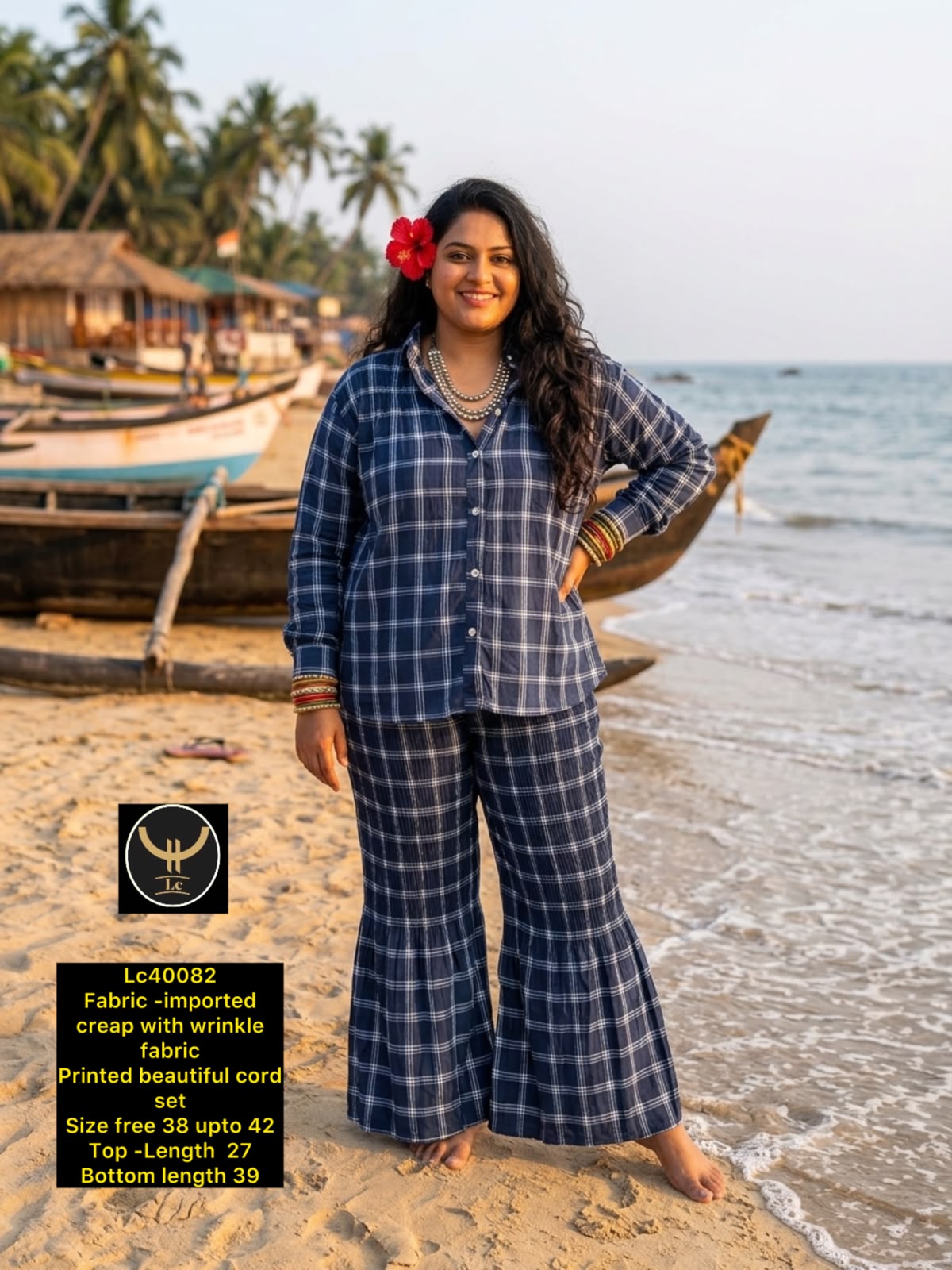 Gingham Check Collared Button-Down Shirt & Flared Trouser Set