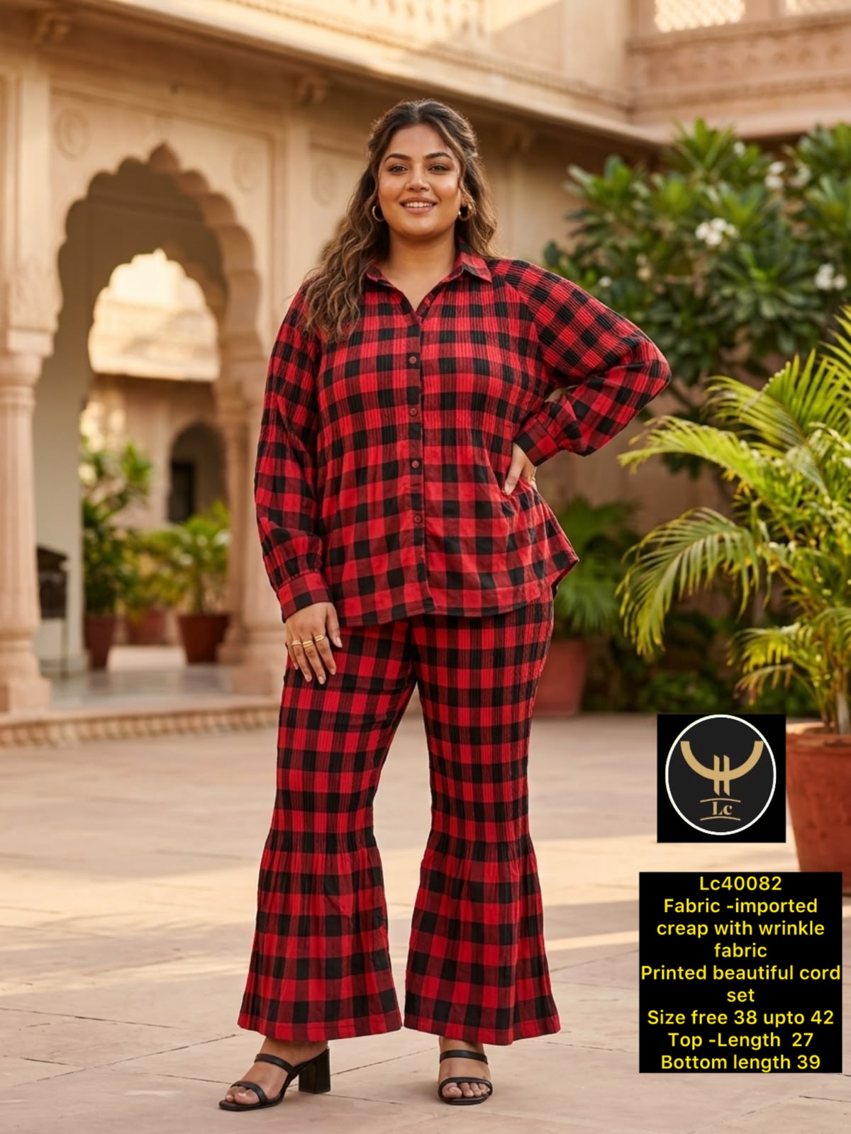 Gingham Check Collared Button-Down Shirt & Flared Trouser Set