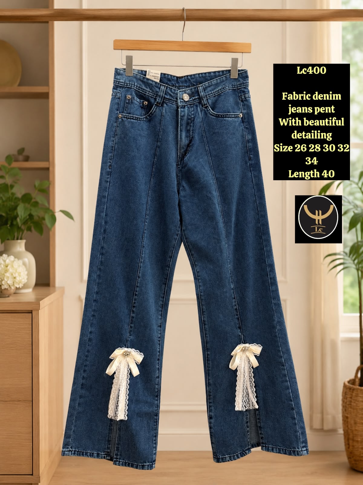 High-Waisted Front Seam Denim Pants with Embellished Lace Bows