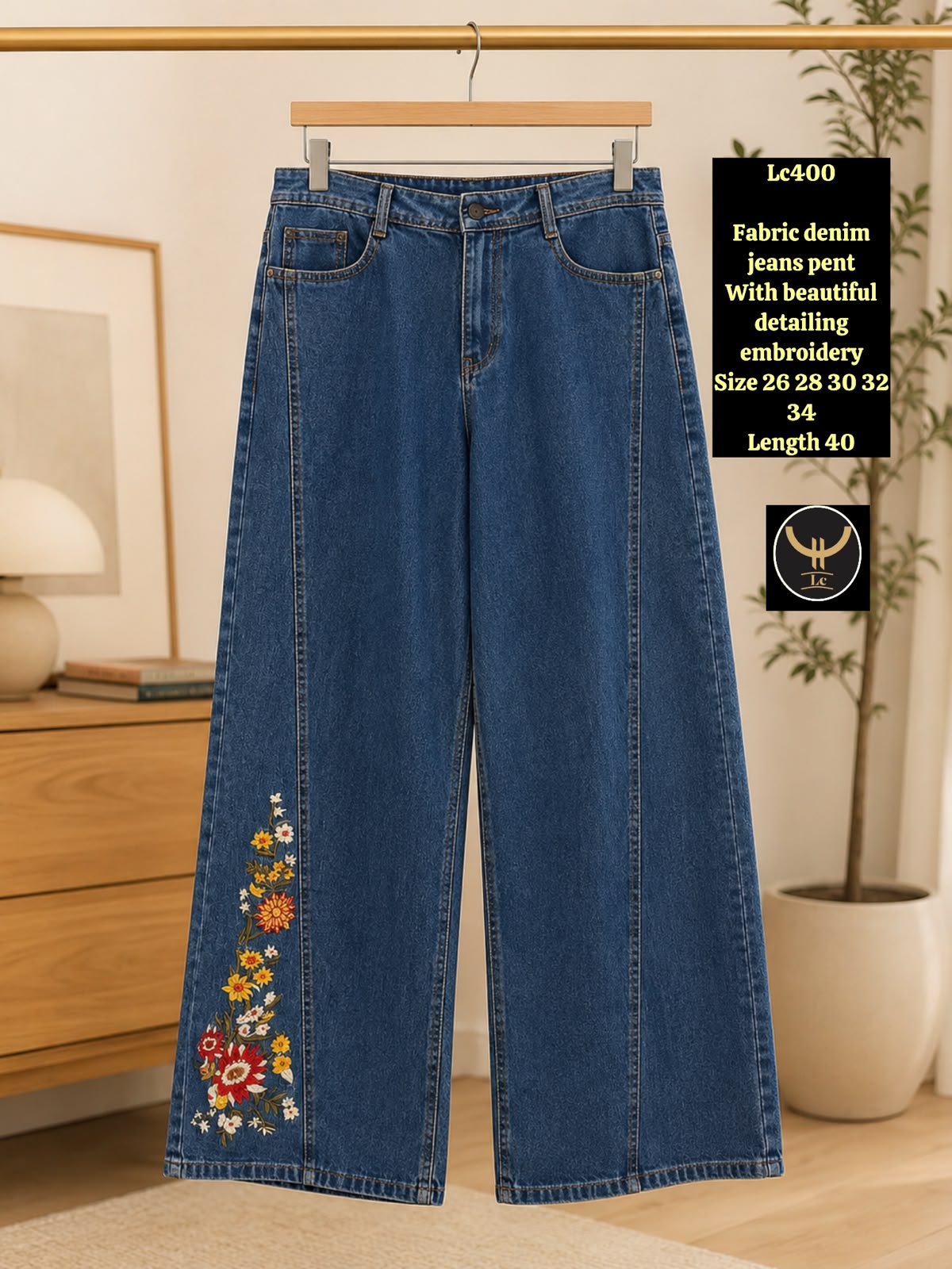 High-Waisted Front Seam Denim Pants with Side Floral Thread Work