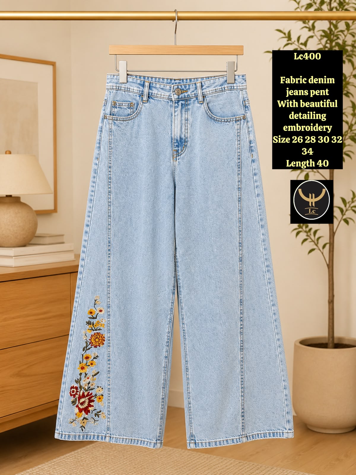 High-Waisted Front Seam Denim Pants with Side Floral Thread Work