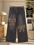 Women Washed Black Wide Leg Denim Jeans with Leopard Lace Bows