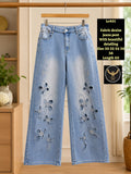 High-Waisted Light Wash Denim Pants with Laser Cut Floral Embroidery