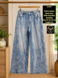 High-Waisted Light Blue Denim Pants with All-Over Floral Pattern
