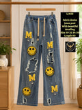 Women Medium Wash Ripped Denim Jeans with Smiley & Sequin Patches