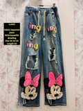 Women Blue Ripped Imported Denim Jeans with Cartoon Bow & Letter Patches