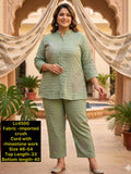 Women Sage Green Imported Crush Co-ord Set with Leaf Rhinestone Work