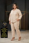 Shimmering Neutrals: Ivory Cream Rayon Shirt & Trouser Set with Subtle Rhinestone Detailing