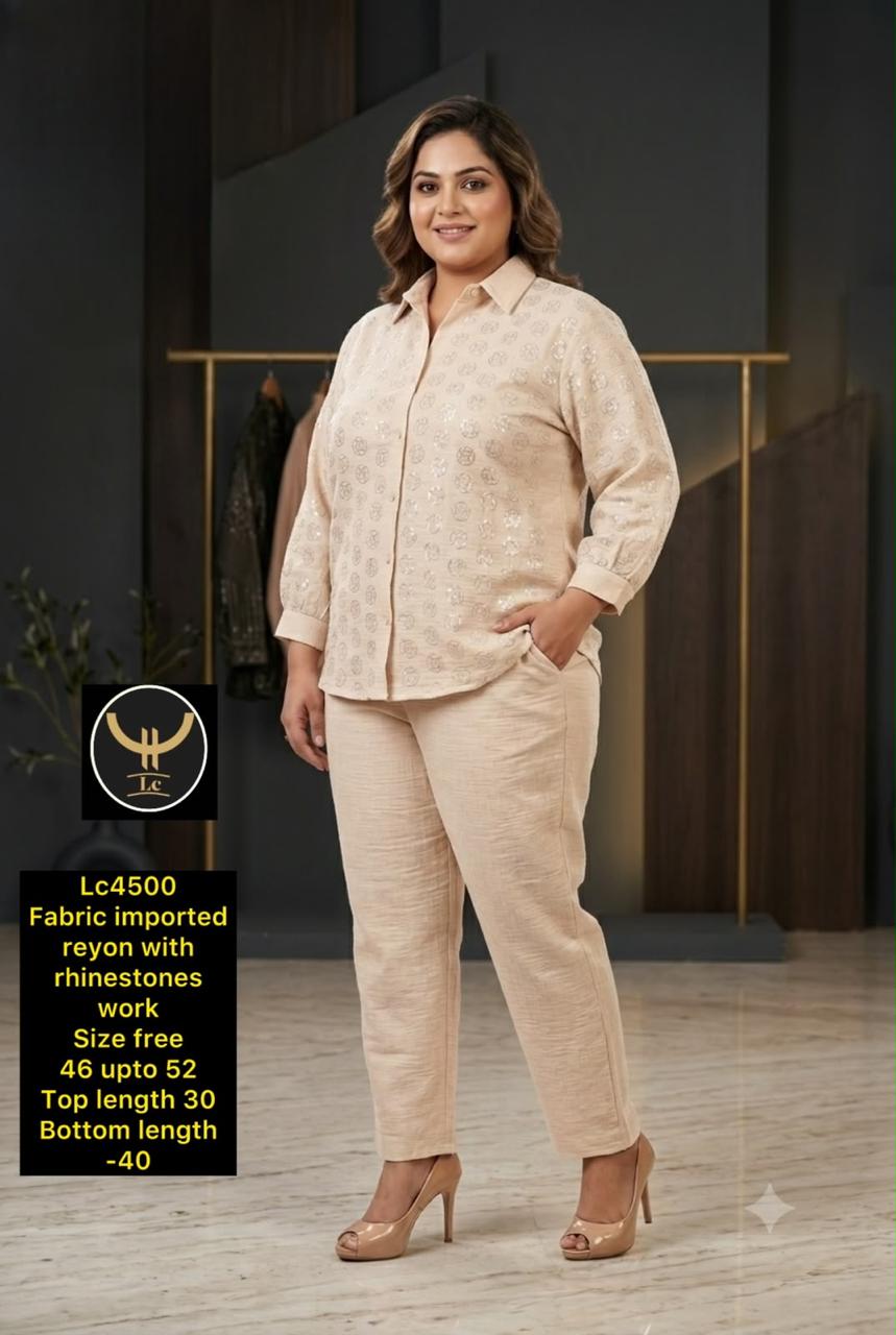 Shimmering Neutrals: Ivory Cream Rayon Shirt & Trouser Set with Subtle Rhinestone Detailing