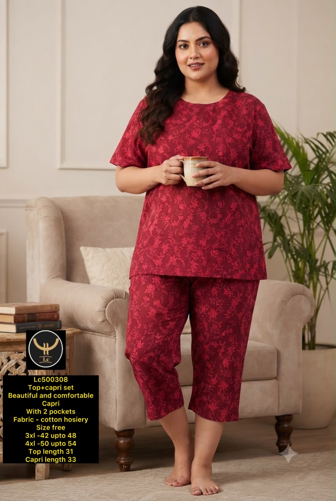 Women's Plus Size Printed Top & Capri Set