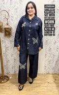 Women's Designer Denim Cord Set with Intricate Moti & Stone Work