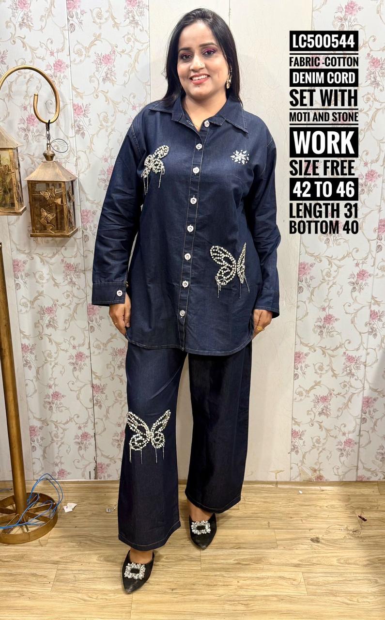 Women's Designer Denim Cord Set with Intricate Moti & Stone Work