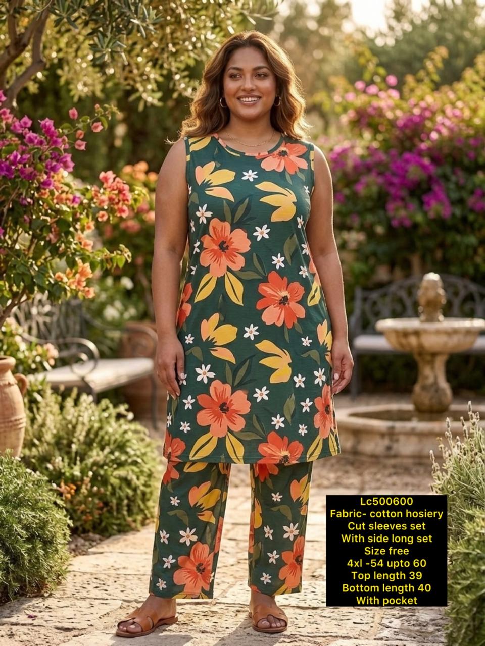 Women's Plus Size Sleeveless Printed Cotton Hosiery Co-ord Set / Lounge Set