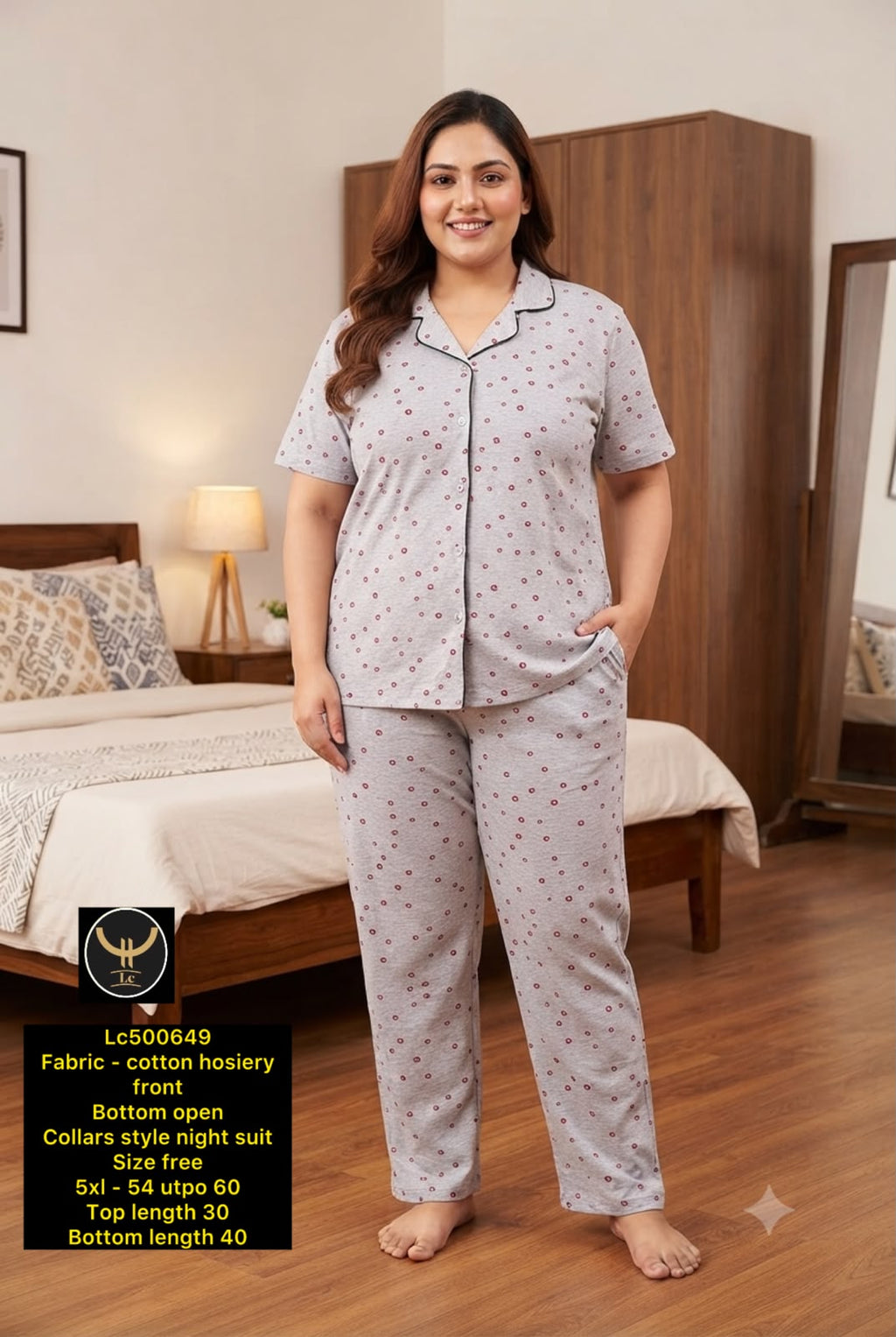 Women's Plus Size Printed Collar Button-Front Night Suit Set