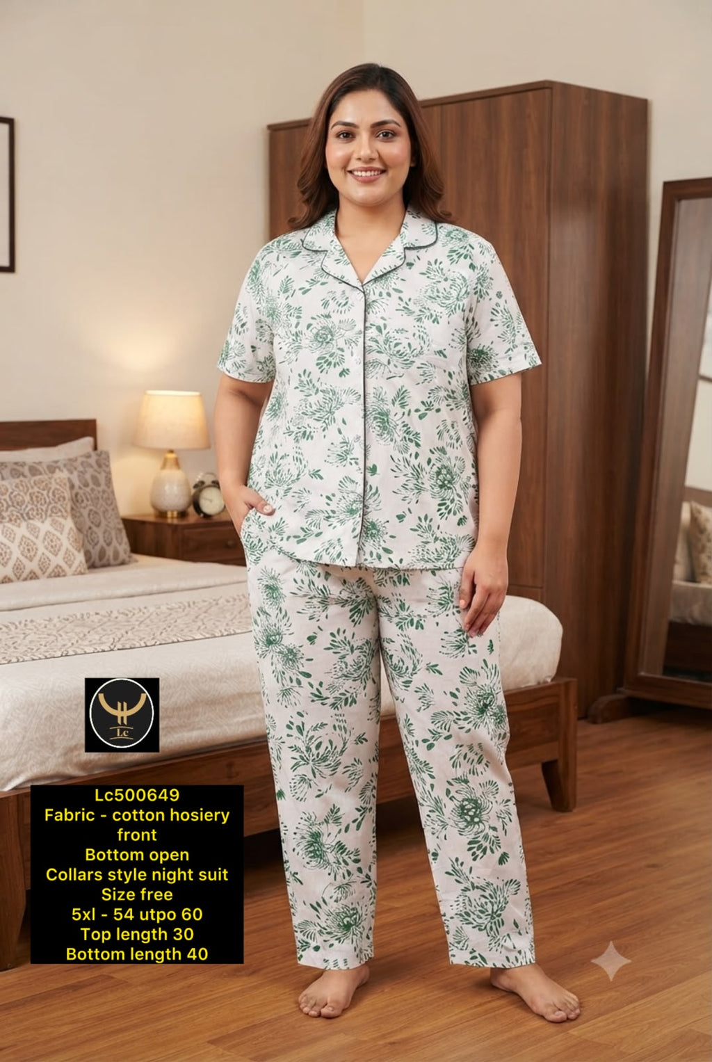 Women's Plus Size Printed Collar Button-Front Night Suit Set