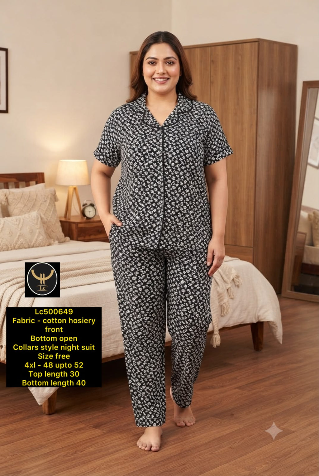 Women's Plus Size Printed Collar Button-Front Night Suit Set
