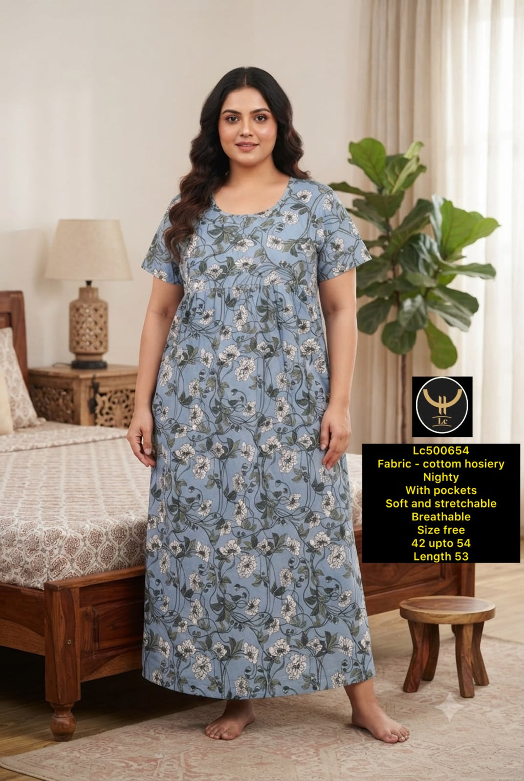 Plus Size Soft Stretchable Cotton Long Nightgown