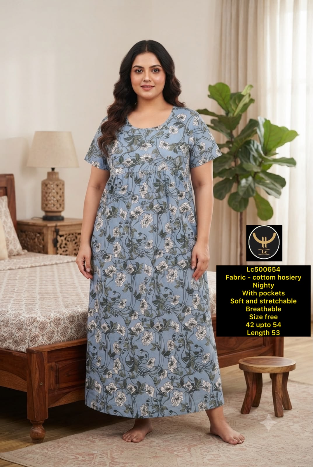 Plus Size Soft Stretchable Cotton Long Nightgown