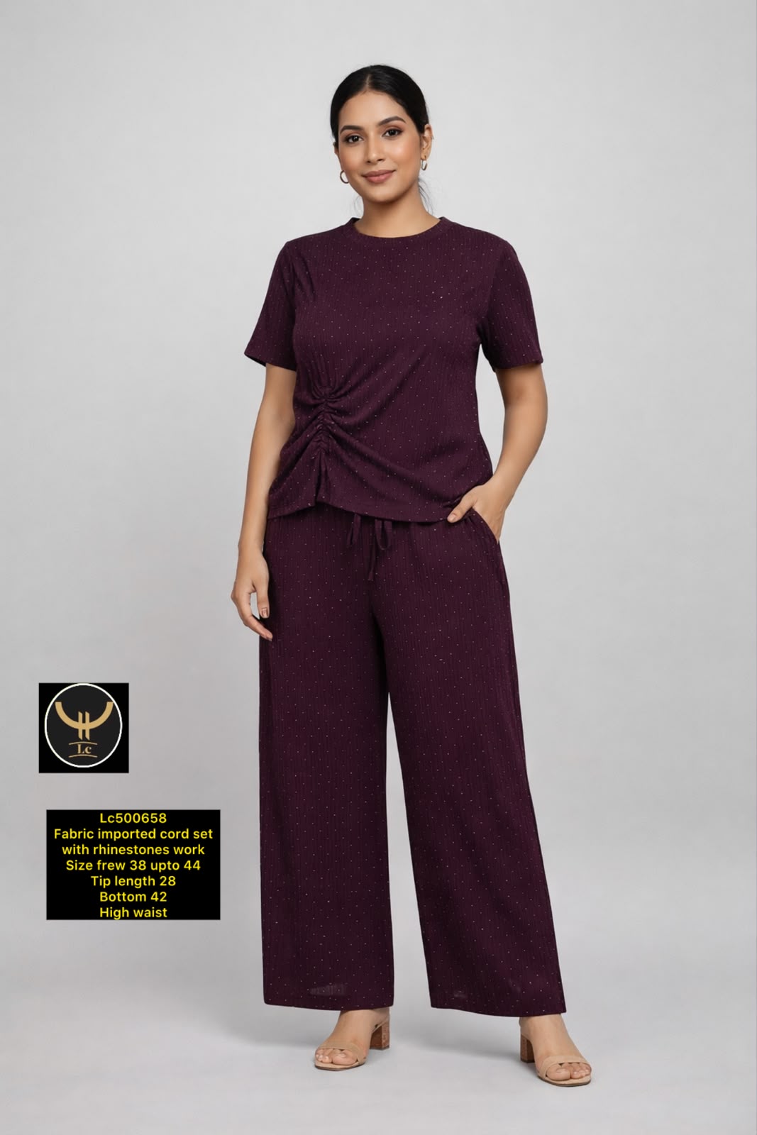 Front-Knot Round Neck Top & High-Waist Wide-Leg Trouser Set