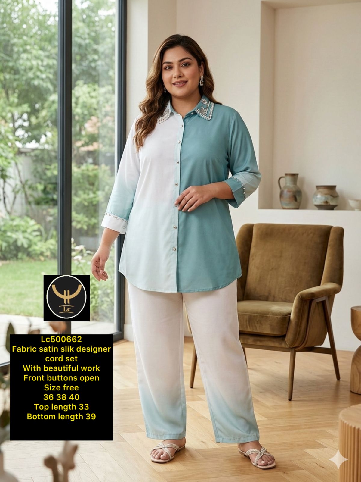 Designer Front Button-Down Satin Silk Tunic Shirt with Matching Trousers