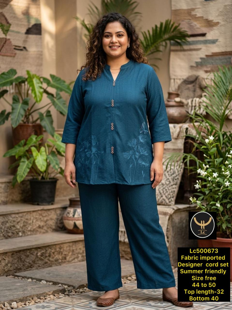Super Plus Size Imported Rayon Self-Embroidered Two-Piece Set with Front Buttons