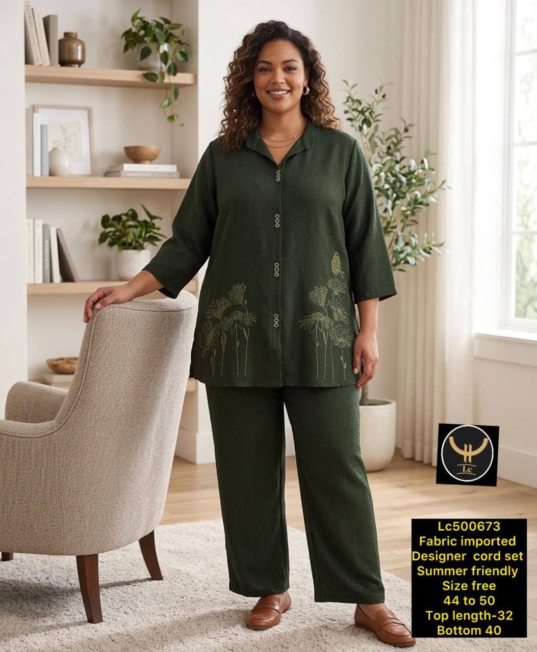 Super Plus Size Imported Rayon Self-Embroidered Two-Piece Set with Front Buttons