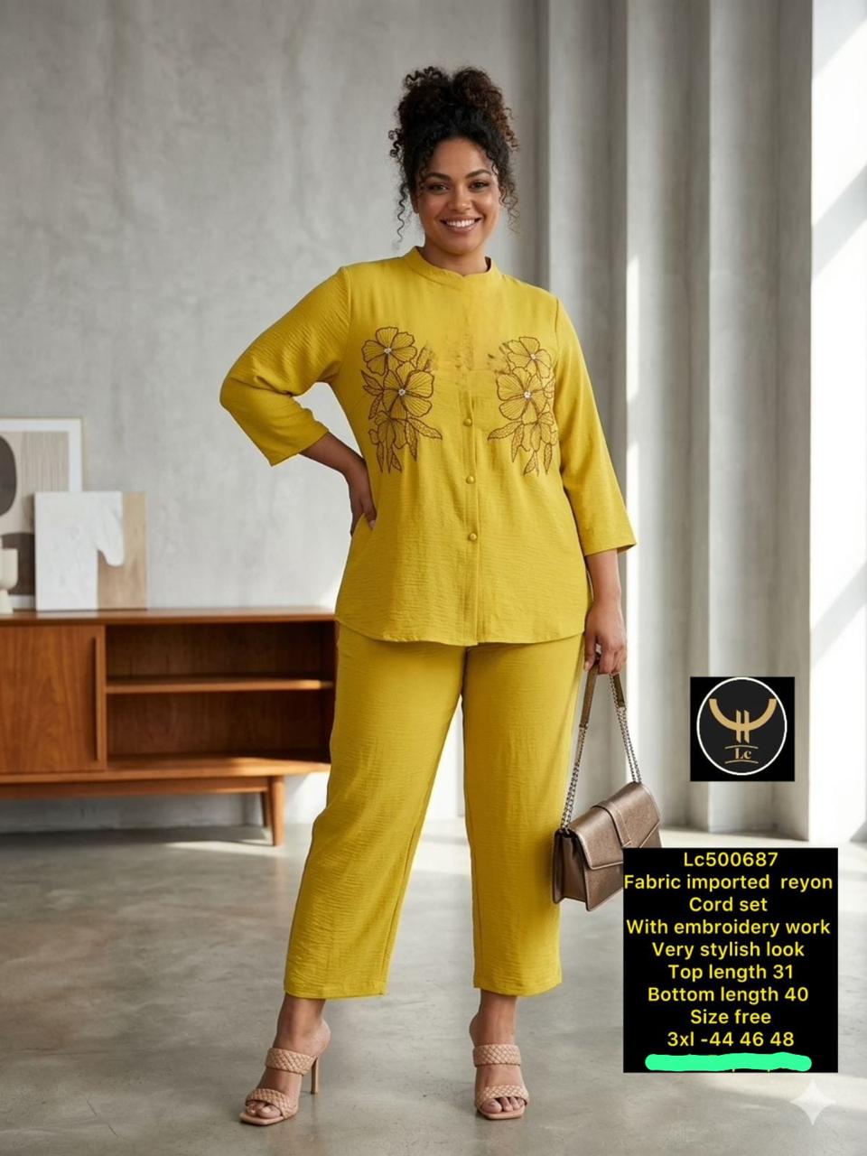 Sunshine Bloom: Vibrant Mustard Rayon Co-ord Set with Dual Floral Embroidery Motifs