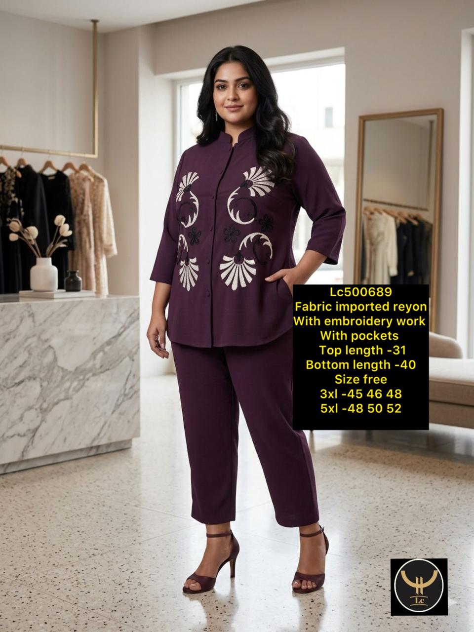 Imported Rayon Embroidered Two-Piece Co-Ord Set with Pocket Trousers