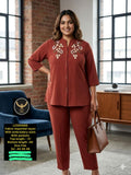 Plus-Size Imported Rayon Embroidered Two-Piece Co-Ord Set with Pocket Trousers