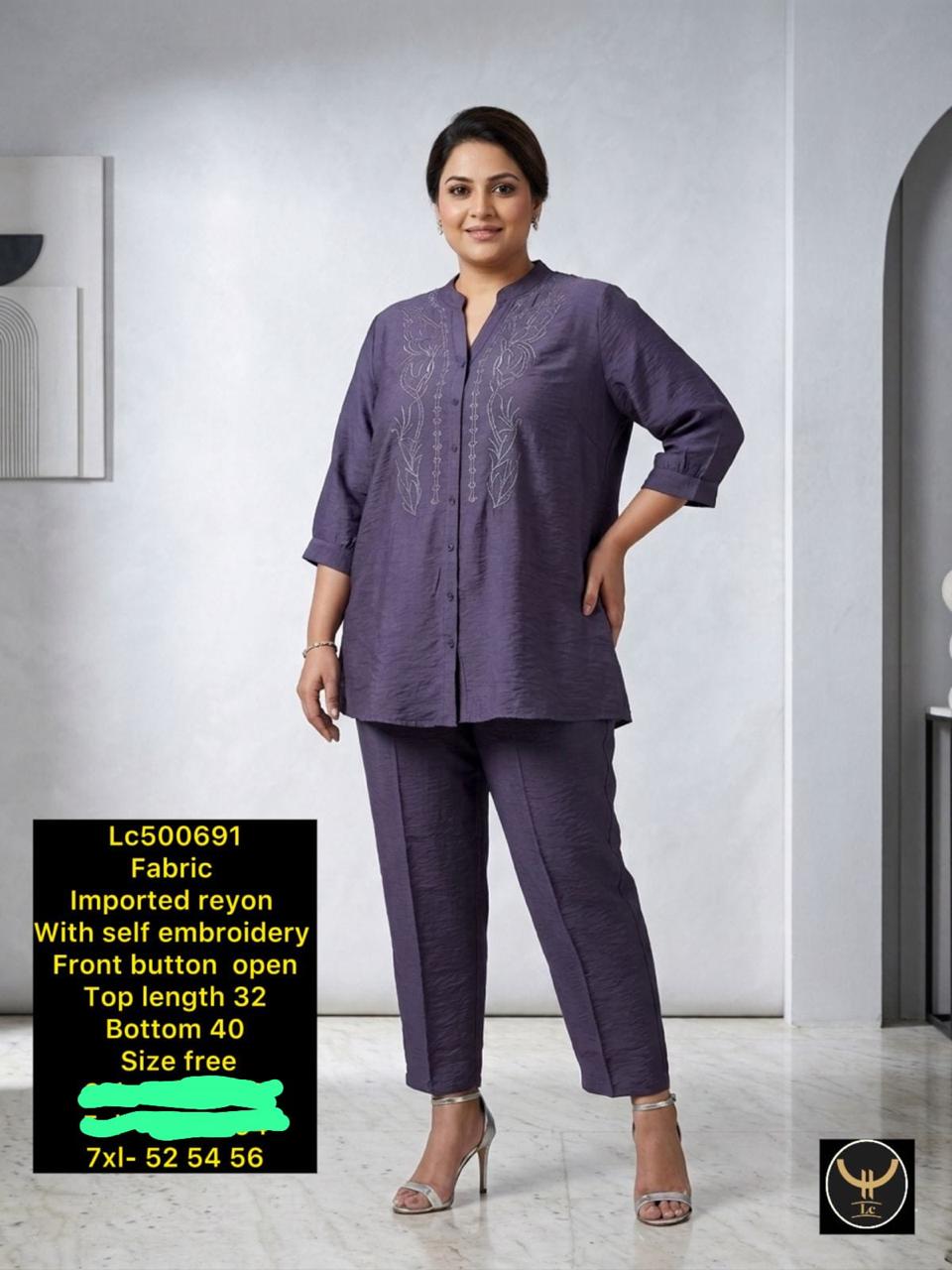 Imported Rayon Self-Embroidered Two-Piece Set with Front Buttons