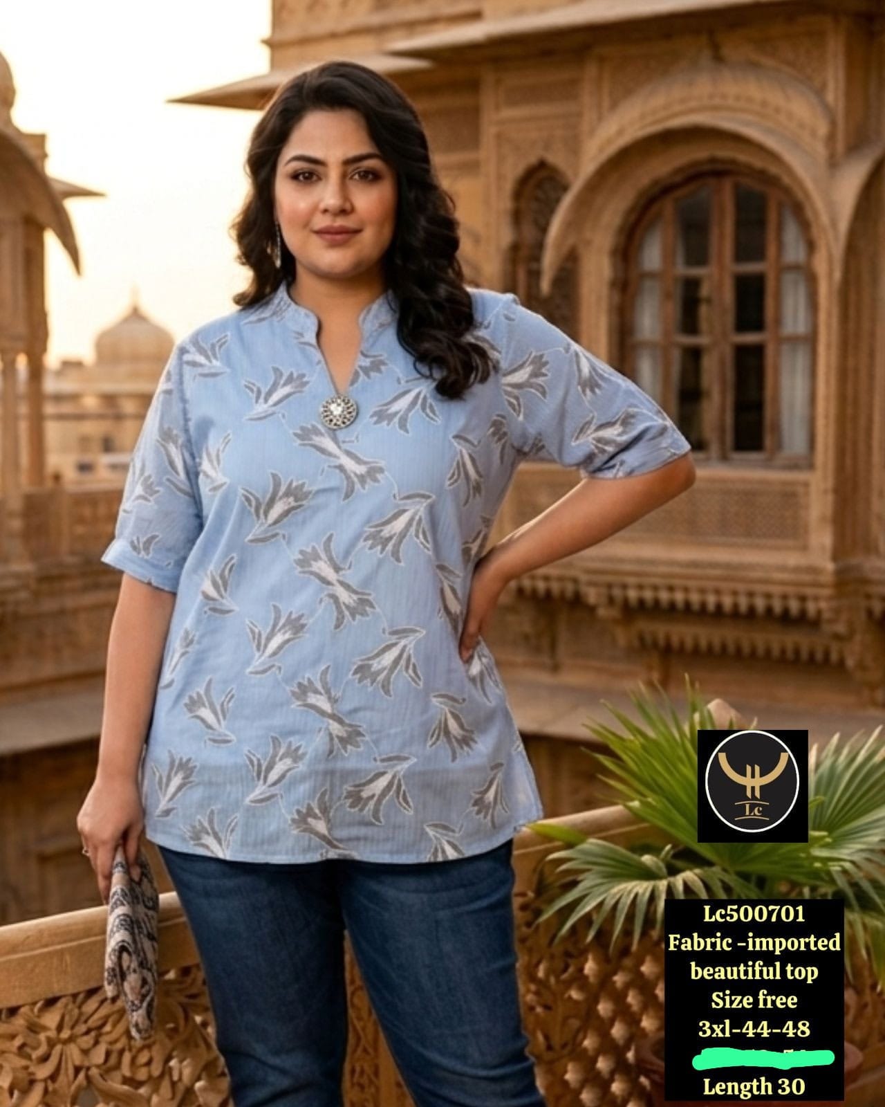 Plus Size Floral Leaf Print Casual Tunic Top / Short Kurti for Women