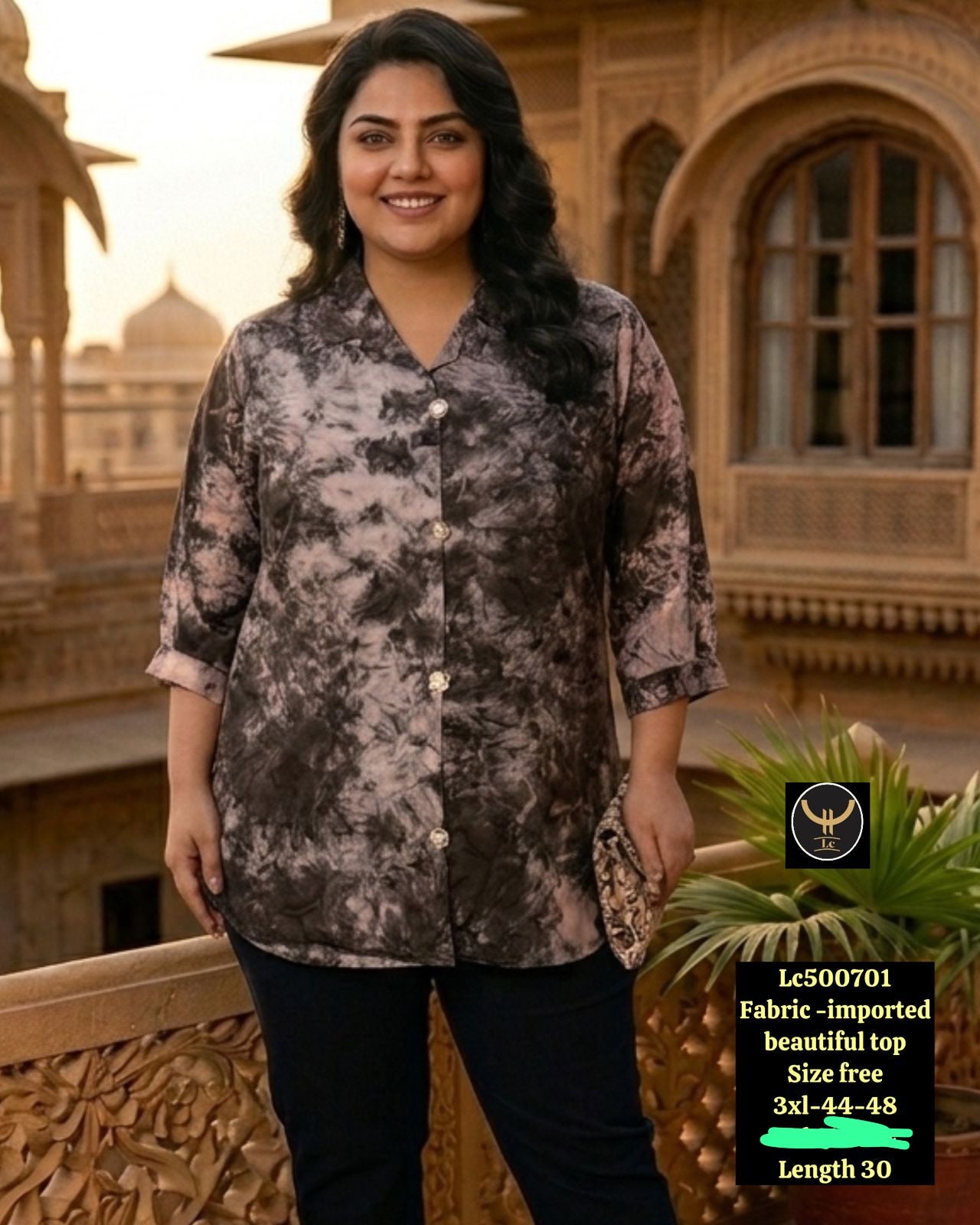 Plus Size Marble Abstract Print Collared Tunic / Top for Women