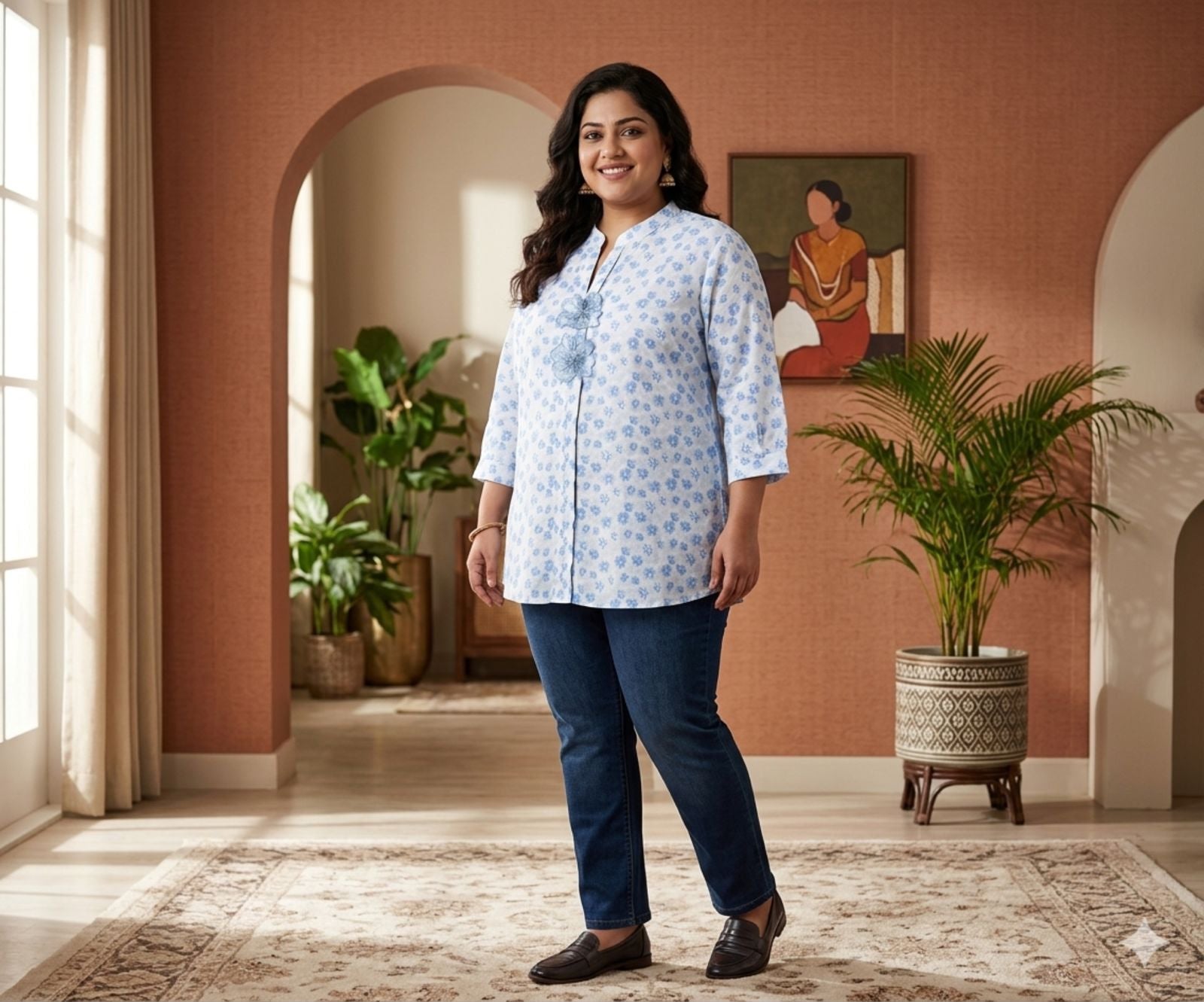 Plus Size Floral Leaf Print Casual Tunic Top / Short Kurti for Women
