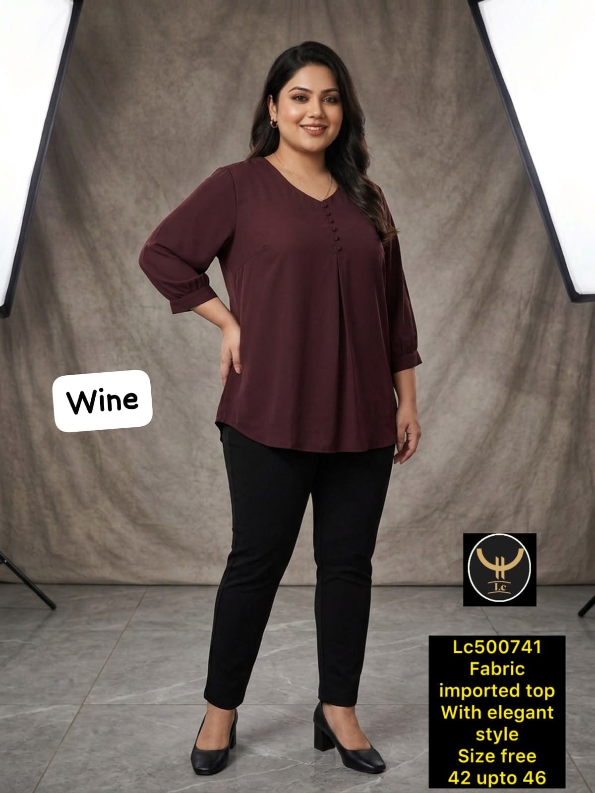 Elegant Wine 3/4th Sleeve Imported Fabric Office Wear Top for Women