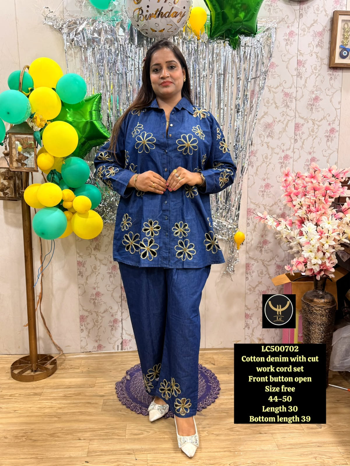 Women Cotton Denim Floral Cutwork Co-ord Set