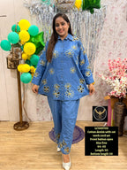 Women Cotton Denim Floral Cutwork Co-ord Set