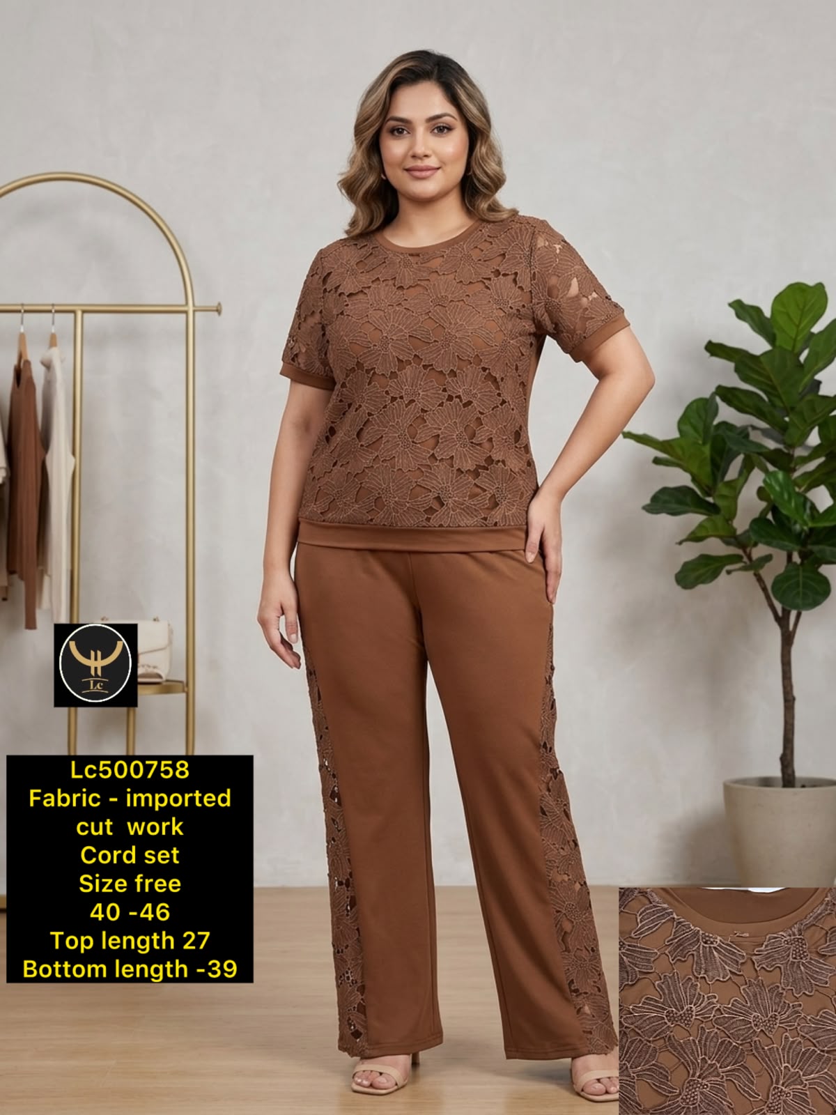 Plus Size Floral Cut Work Short Top with Matching Straight Pants