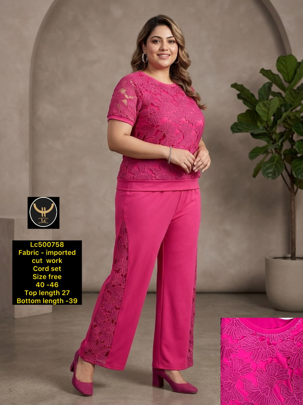 Plus Size Floral Cut Work Short Top with Matching Straight Pants