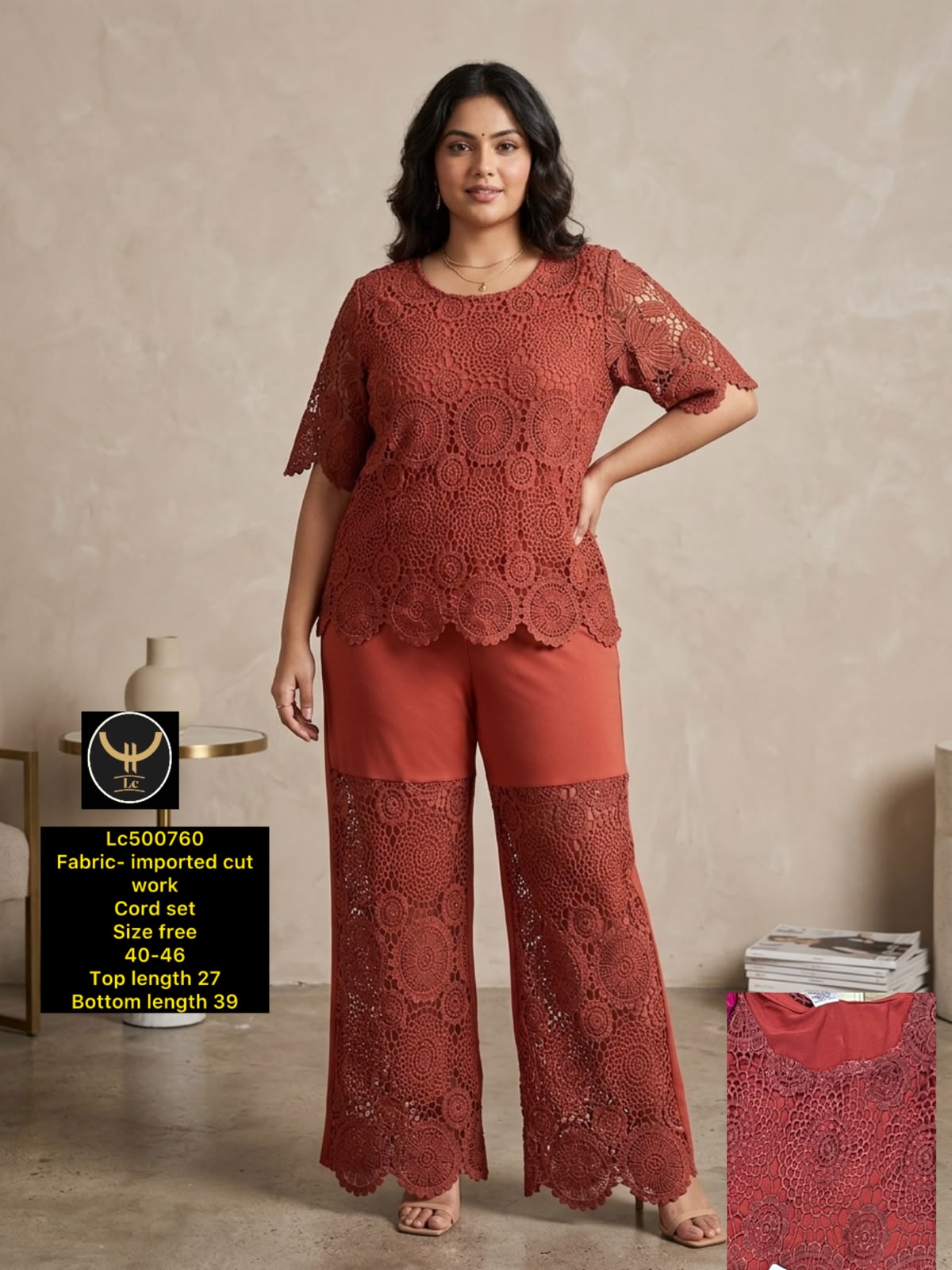 Women Rust Terracotta Cutwork Lace Co-ord Set