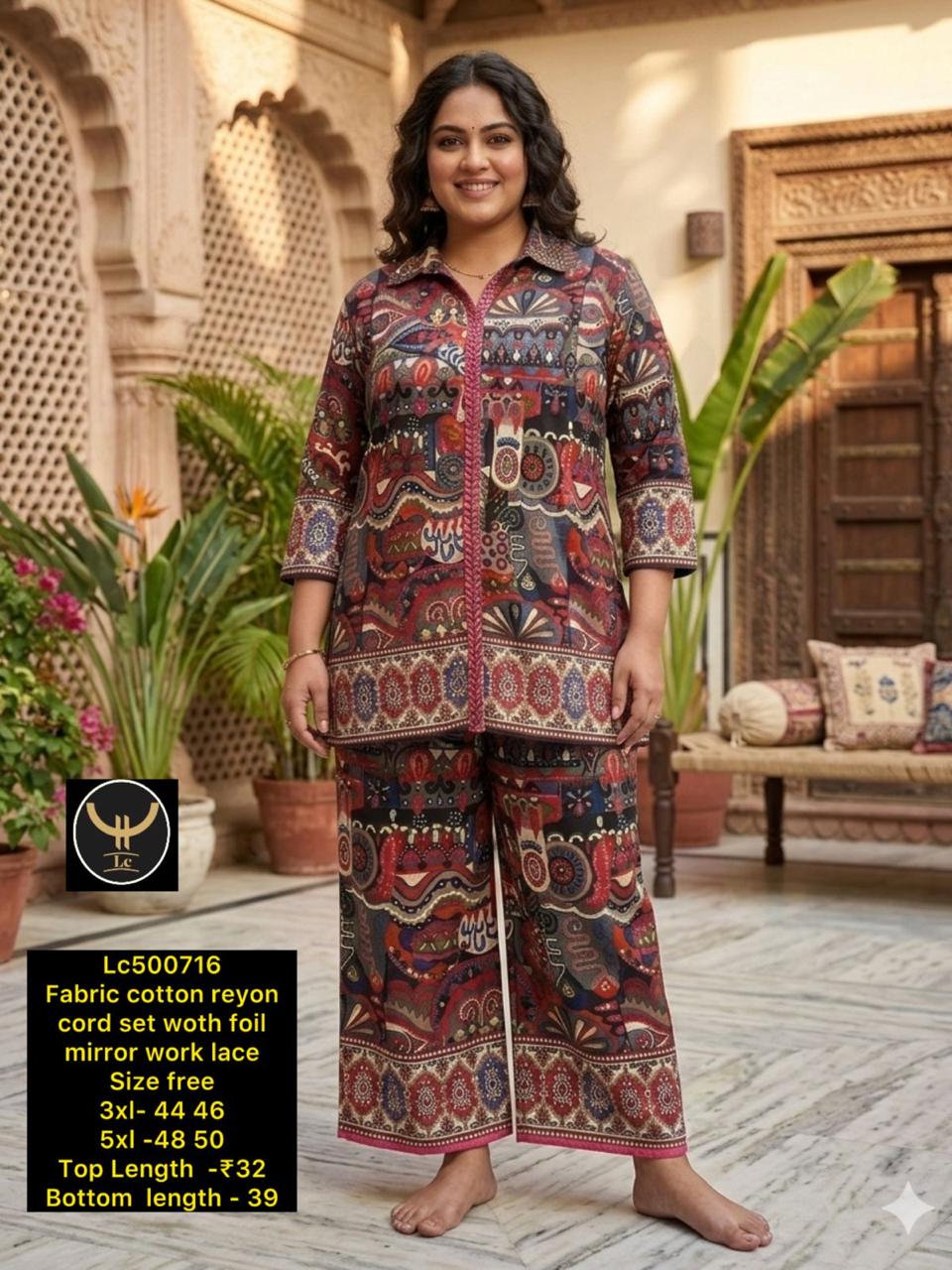 Heritage Fusion: Rich Kalamkari / Bohemian Printed Cotton Rayon Co-ord Set with Foil Mirror Lace Detailing
