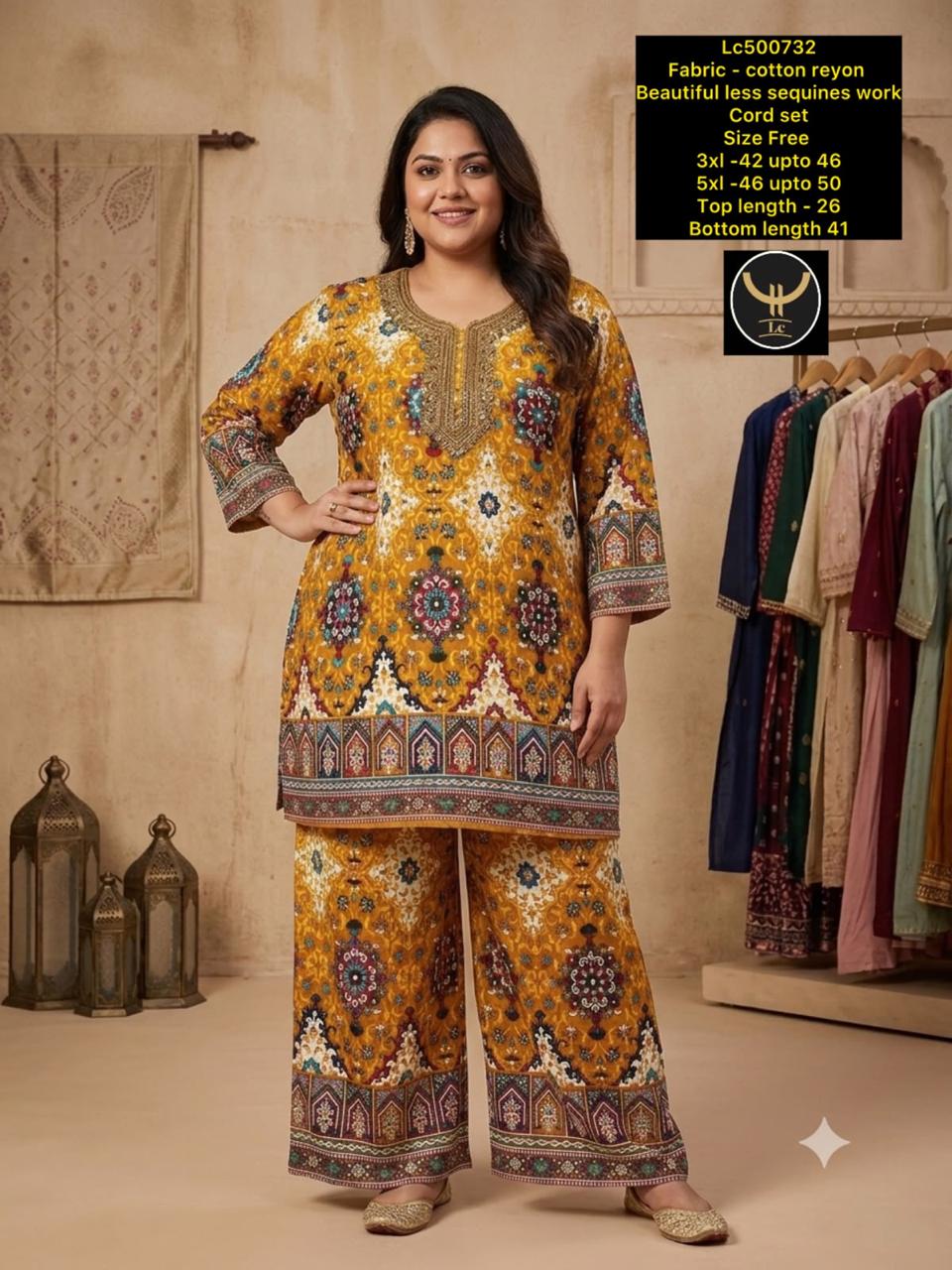 Women's Plus Size Cotton Rayon Lace & Sequins Work Co-Ord Set