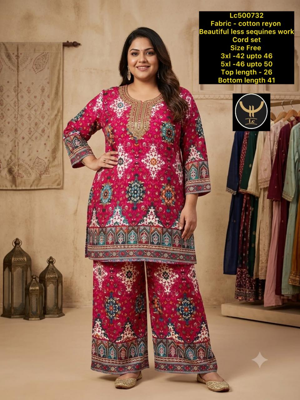 Women's Plus Size Cotton Rayon Lace & Sequins Work Co-Ord Set