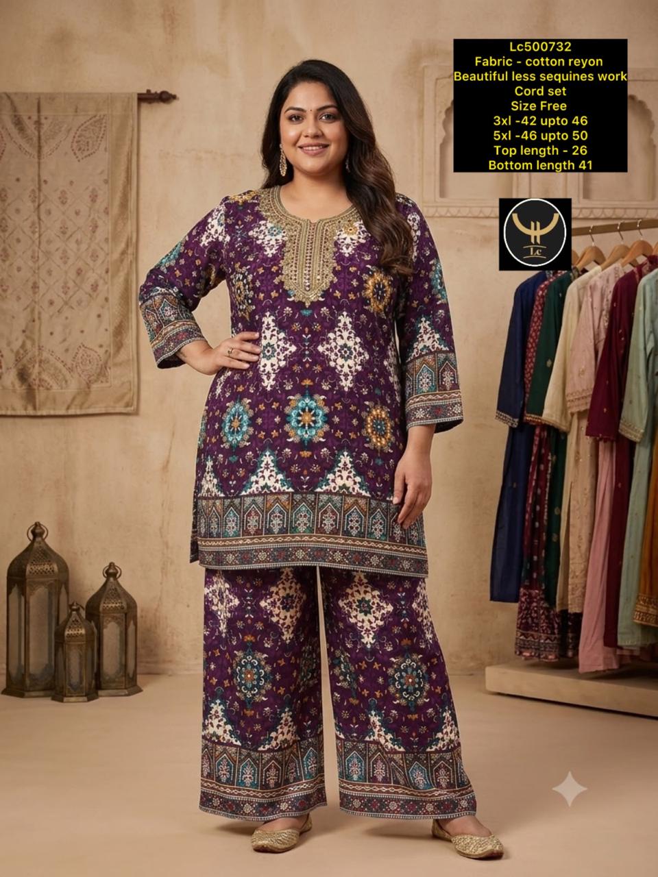 Women's Plus Size Cotton Rayon Lace & Sequins Work Co-Ord Set