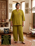 Earthy Grace: Olive Green Crush Rayon Tunic & Trouser Set with Tonal Floral Yoke Work