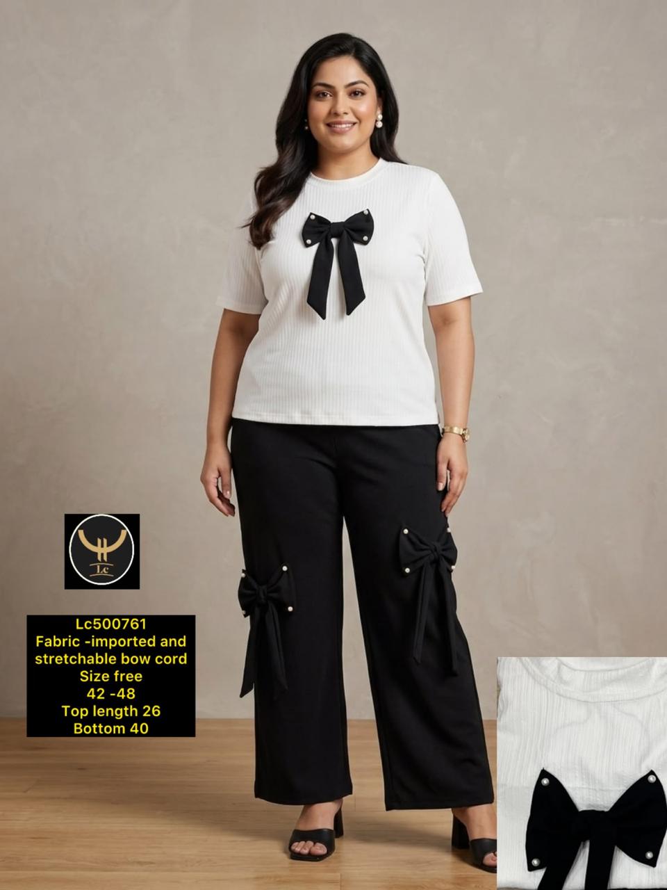 Women's Solid Front Bow Detail Top & Pants Cord Set