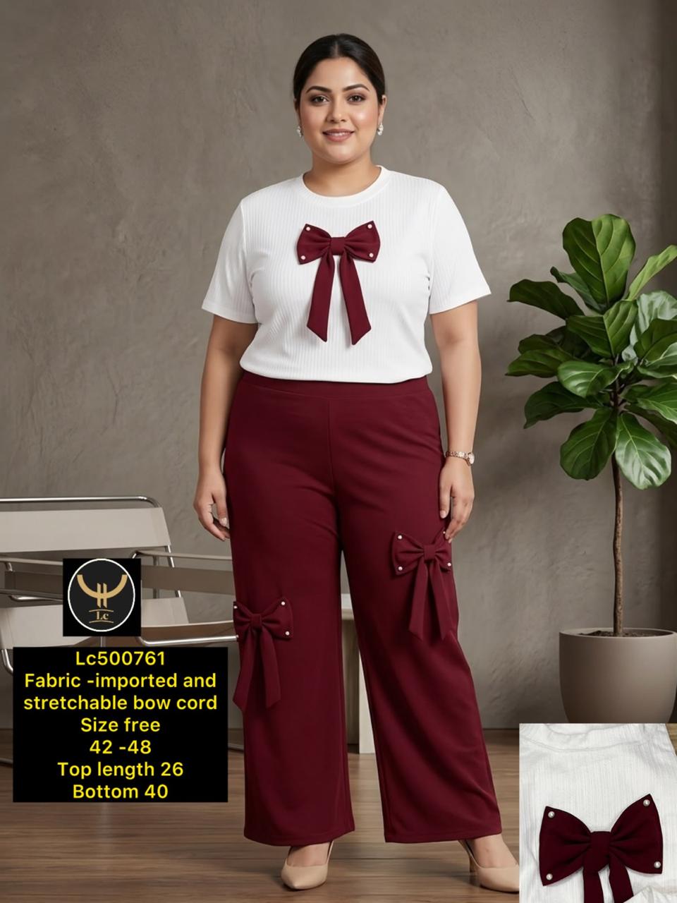 Women's Solid Front Bow Detail Top & Pants Cord Set