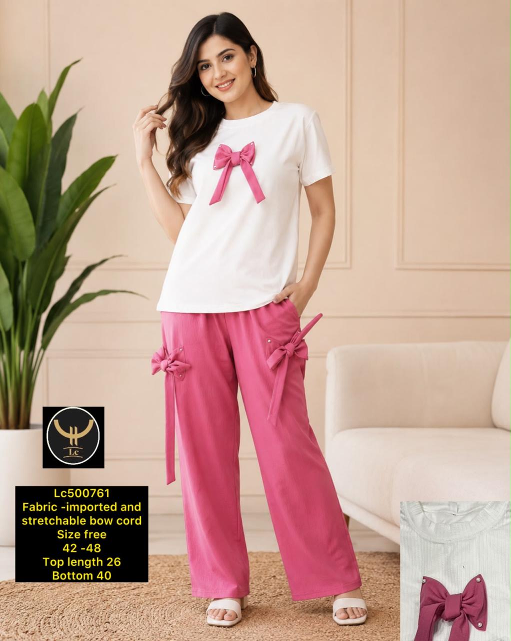 Women's Solid Front Bow Detail Top & Pants Cord Set
